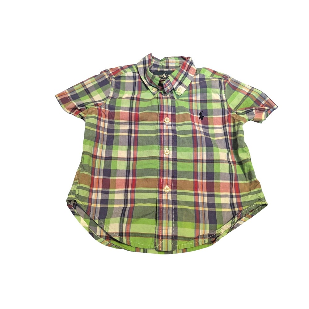 Ralph Lauren Boys 12M Green Red Plaid Short Sleeve Button Down Shirt Christmas
